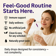 Think Above Elderberry Drops liquid close-up shows smooth texture and natural flavor.
