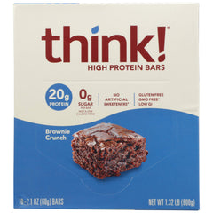 thinkThin brownie crunch box front shows gluten-free, high protein snack