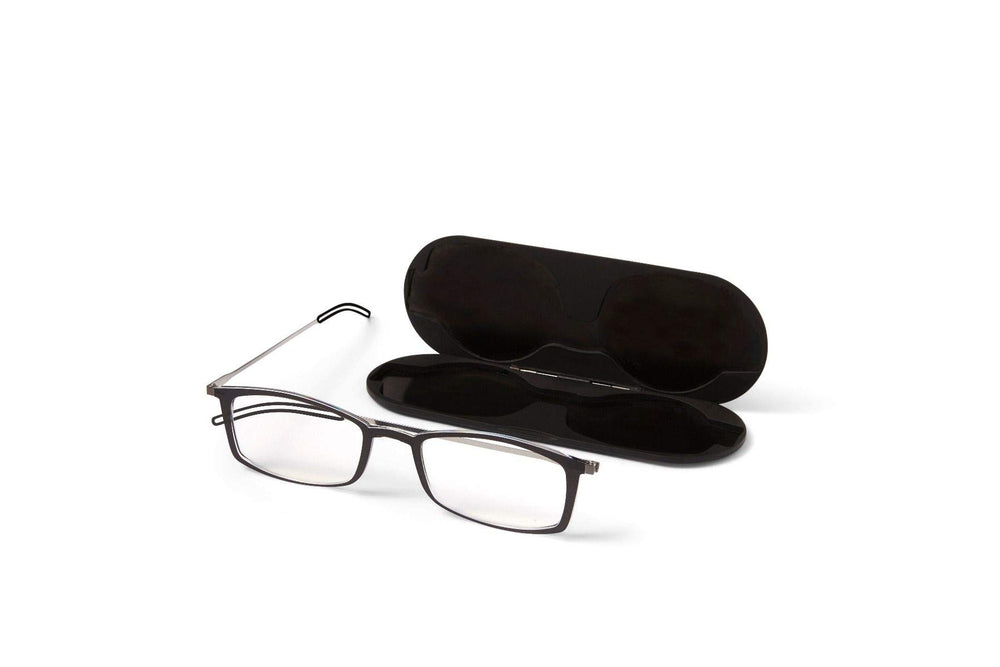 ThinOptics Frontpage reading glasses with a black rectangle frame, ultra-light for everyday reading.