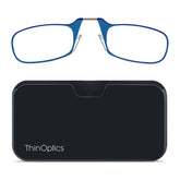 ThinOptics blue-frame reading glasses with 2.50 magnification, ultra-portable for on-the-go use.