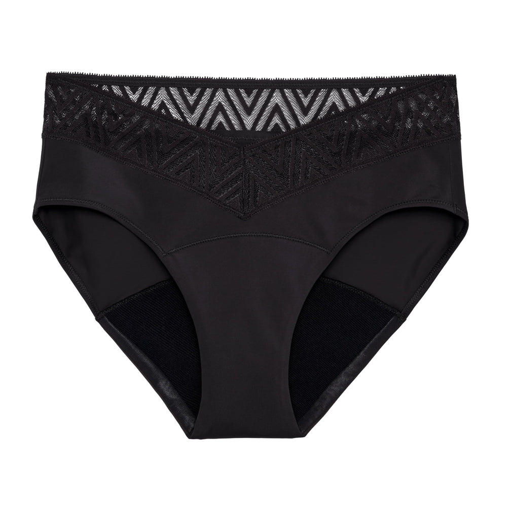 THINX comfort-stretch hip huggers in black lace, secure day-long protection during your period
