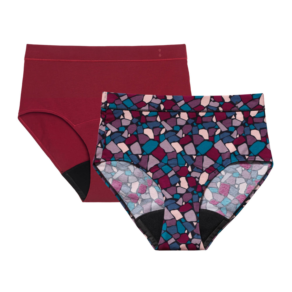 Thinx for All hi-waist period underwear Mosaic Rhubarb showing leak protection and comfortable fit