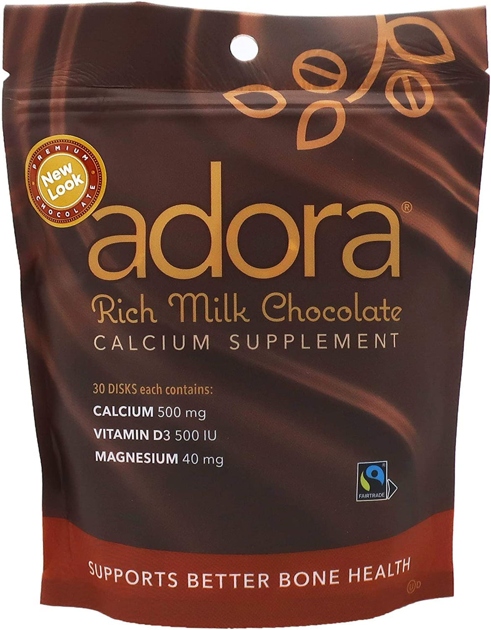 Thompson Adora Premium chocolate disk showing calcium with vitamin D3 and magnesium.
