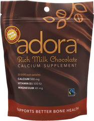 Thompson Adora Premium chocolate disk showing calcium with vitamin D3 and magnesium.