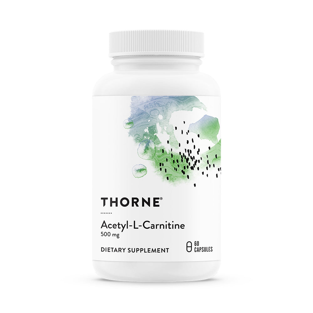 THORNE Acetyl-L-Carnitine 500 mg bottle highlighting brain support potential