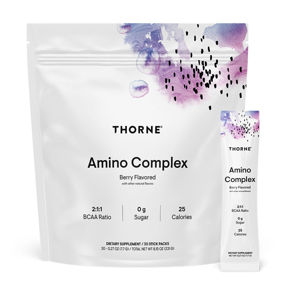 THORNE Amino Complex berry powder tub highlighting lean muscle support during training.