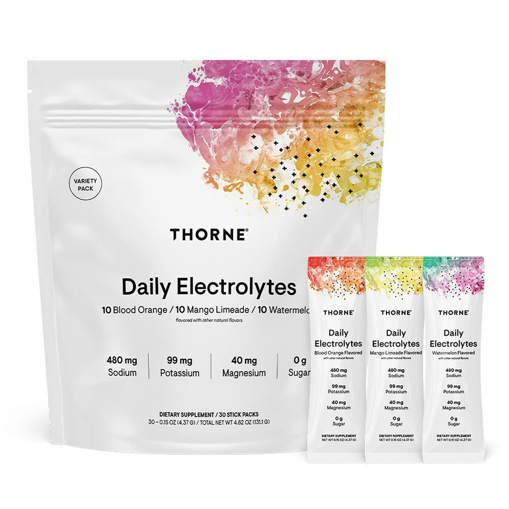 Thorne Daily Electrolytes box front shows zero sugar and natural flavors for active hydration.