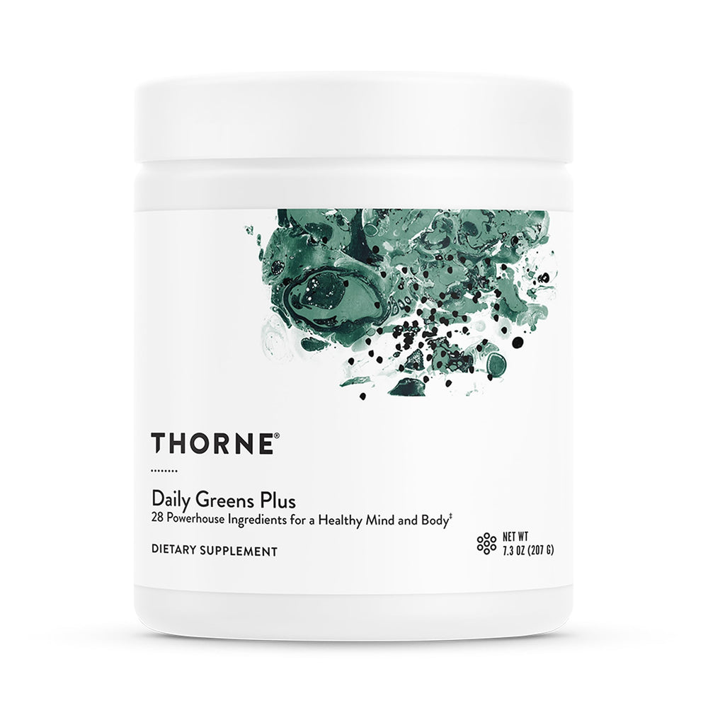 Thorne Daily Greens Plus front bottle for daily nutrition on the go.