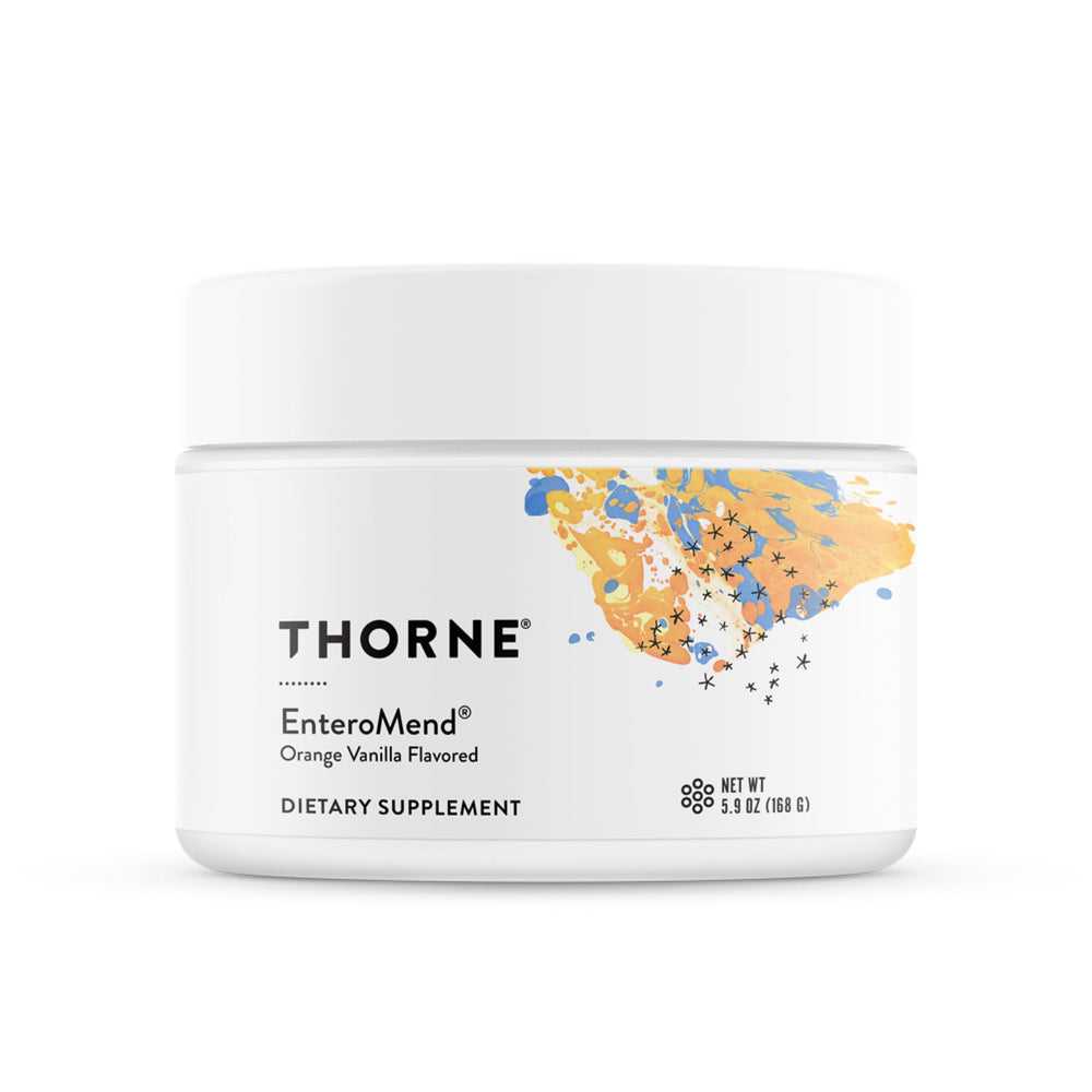 THORNE EnteroMend bottle front showing orange vanilla flavor for digestive wellness