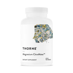 THORNE Magnesium CitraMate bottle shows daily mineral support for energy and heart health.