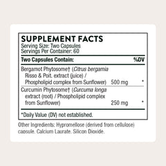 Thorne Metabolic Health bottle label close-up highlighting natural bergamot and curcumin ingredients