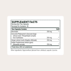THORNE Phytoprofen capsules close-up, highlighting the ginger-boswellia-curcumin blend for inflammatory balance.