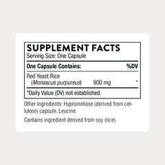 Thorne Red Yeast Rice bottle label close-up highlighting supplement details for daily use.