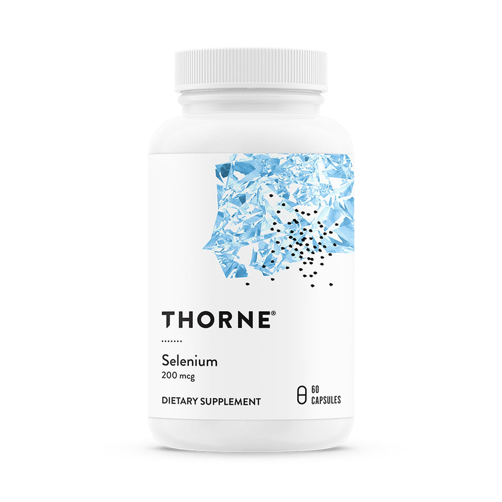 Thorne Selenium bottle front view promotes antioxidant support for daily wellness.