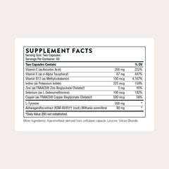 Close-up of THORNE Thyroid Health Complex label highlighting key cofactors