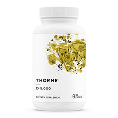 THORNE Vitamin D-5000 bottle with label emphasizing Vitamin D3 potency for bones.