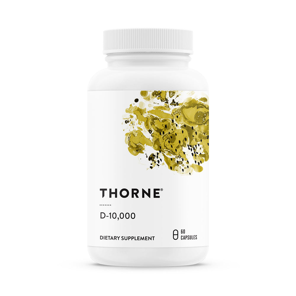 Thorne Vitamin D3 bottle front shows 10,000 IU supporting daily bone and immune health