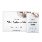 THORNE Whey Protein Isolate chocolate tub front for daily protein intake.