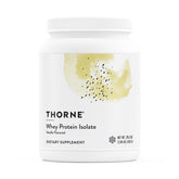 THORNE Whey Protein Isolate vanilla bottle shows 21 g protein per serving
