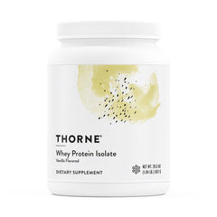 THORNE Whey Protein Isolate vanilla bottle shows 21 g protein per serving