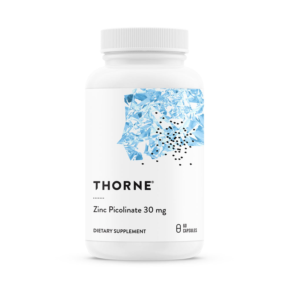 Thorne Zinc Picolinate 30mg bottle close-up highlighting immune support and general wellness