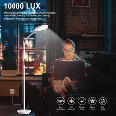 Threnthos light therapy lamp on the floor stand adjusts height for versatile positioning.