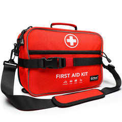THRIAID 430-piece first aid kit with labeled pockets for quick access.