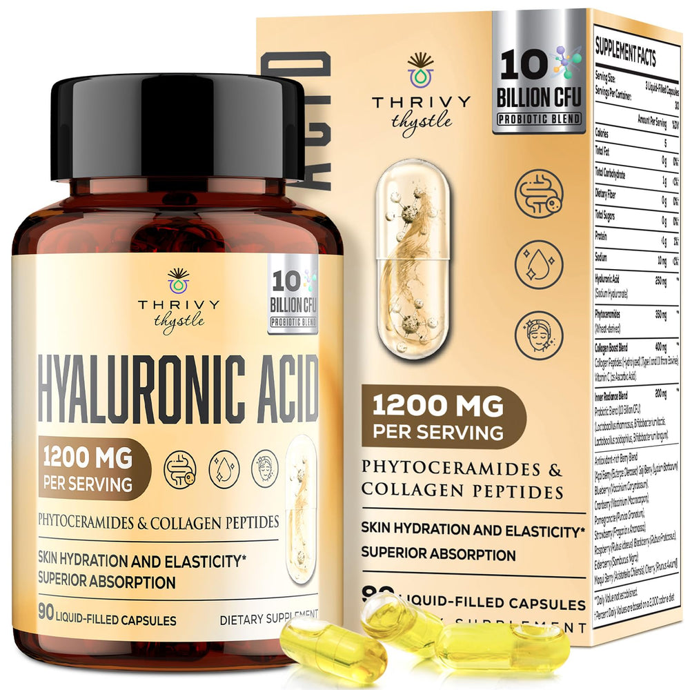 ThrivyThystle 19-in-1 hyaluronic acid capsules bottle showcasing skin hydration