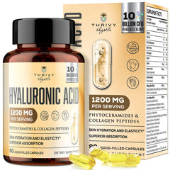 ThrivyThystle 19-in-1 hyaluronic acid capsules bottle showcasing skin hydration