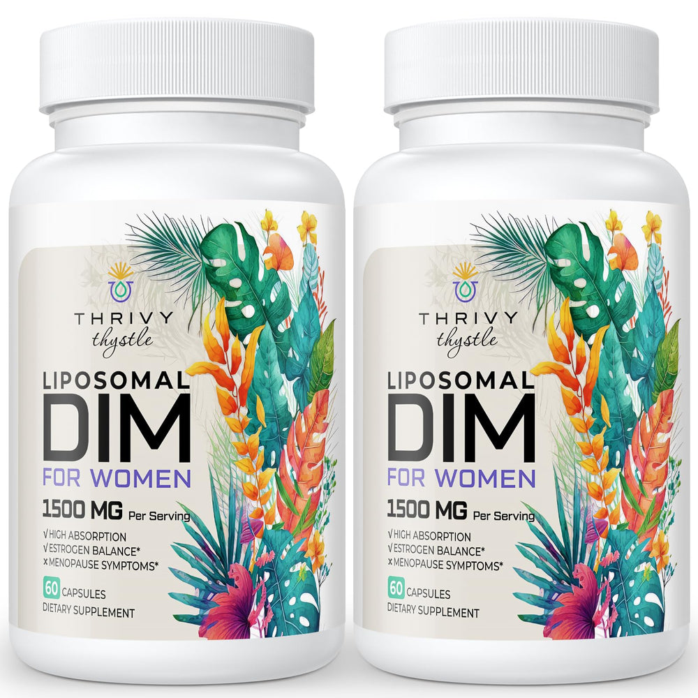 ThrivyThystle Liposomal DIM 400 mg bottle with capsules for hormone balance support.