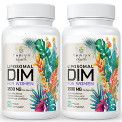 ThrivyThystle Liposomal DIM 400 mg bottle with capsules for hormone balance support.