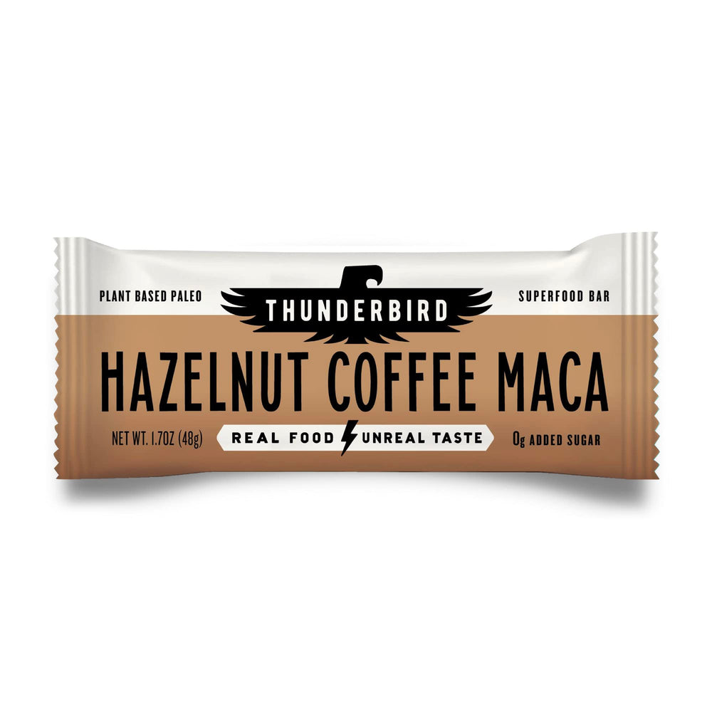 Thunderbird Bars Hazelnut Coffee Maca pack shot showing gluten-free energy on the go.