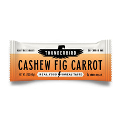 Thunderbird Real Food Bar with cashew, fig, and carrot highlighting a natural energy blend.