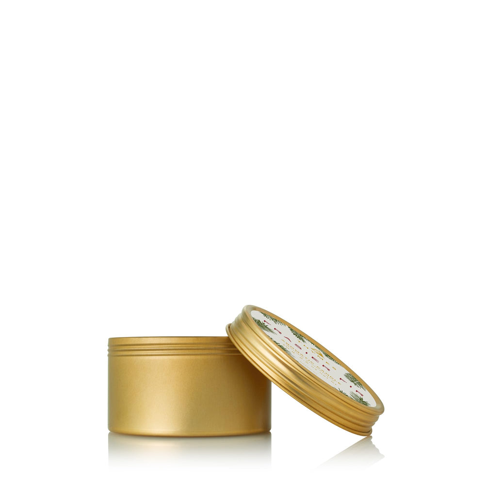 Thymes Travel Tin Frasier Fir front view, ideal for compact home fragrance.