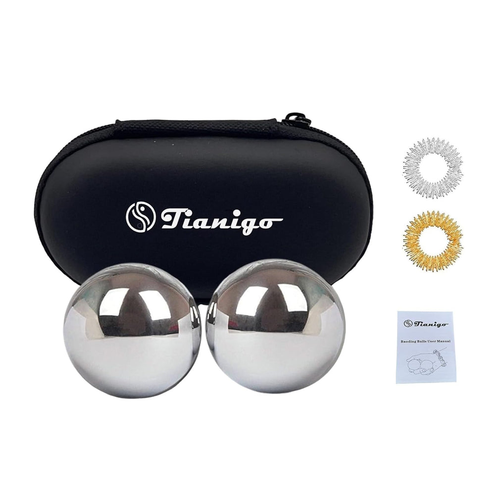 Tianigo Baoding balls close-up in stainless steel for smooth rotation and better finger dexterity.