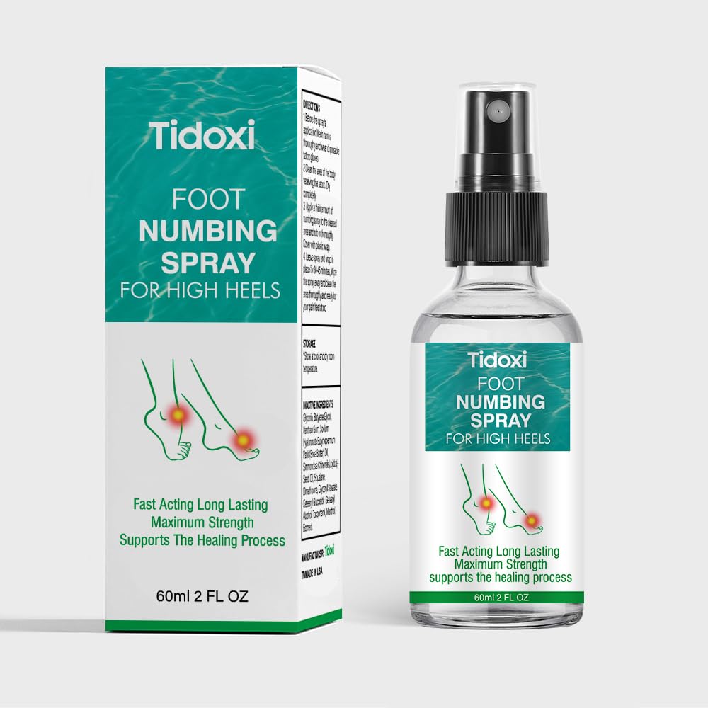 Tidoxi Foot Numbing Spray bottle offering cooling relief for tired feet.