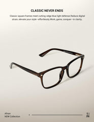 TIJN blue light blocking glasses clear frame highlighting yellow tint and blue light filter