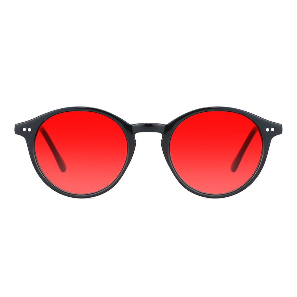 TIJN red lens blue light blocking glasses round frame black front view reduces glare and enhances viewing comfort
