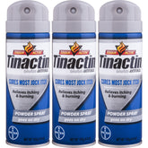 Tinactin Jock Itch Spray Powder packaging shows three bottles for convenient, on-the-go relief.