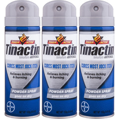 Tinactin Jock Itch Spray Powder packaging shows three bottles for convenient, on-the-go relief.