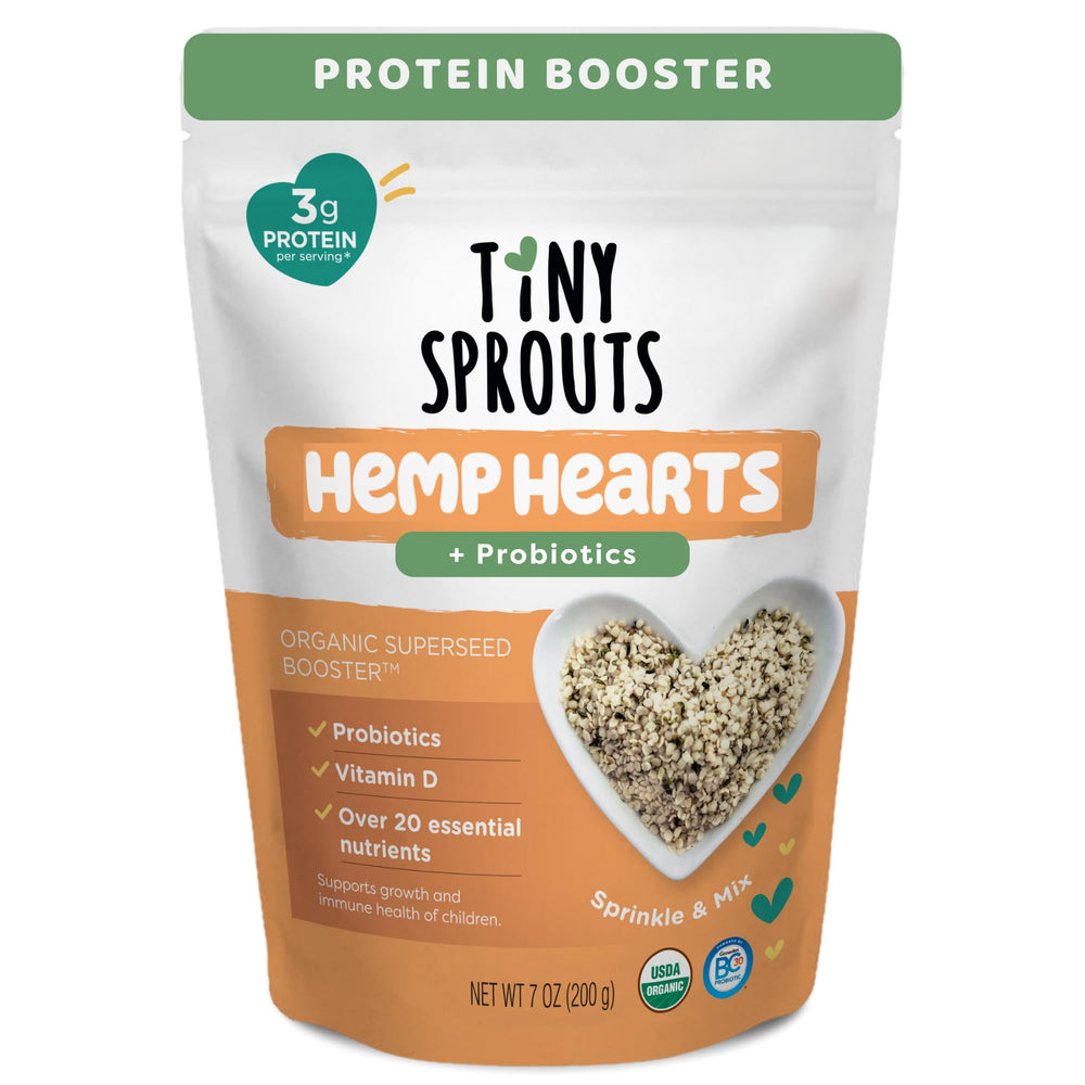 Tiny Sprouts Hemp Hearts bottle for kid-friendly protein boost.
