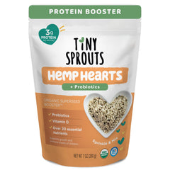 Tiny Sprouts Hemp Hearts bottle for kid-friendly protein boost.