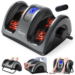 TISSCARE shiatsu foot massager with heat showing simulated hands and 10 rollers for deep foot relief.
