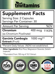 tnvitamins Garcinia Cambogia with chromium label highlighting all-natural appetite support.