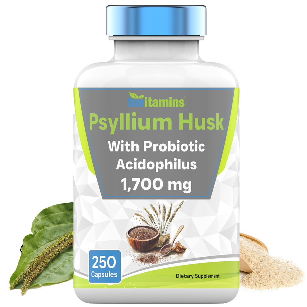 tnvitamins Psyllium Husk Capsules bottle front highlights high strength soluble fiber for daily digestion