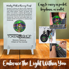 The Token Shop stained-glass AA coin epoxy coating preserves color and shine for everyday carry.