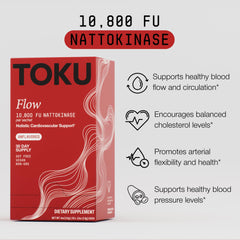 Toku Flow nattokinase 10,800 FU bottle demonstrates enzyme-based circulation support.