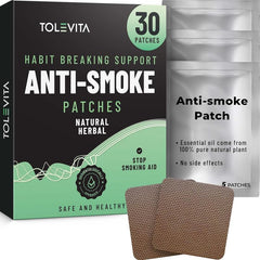 TOLEVITA Anti-Smoke Patches box shows 7 mg formula for craving reduction.