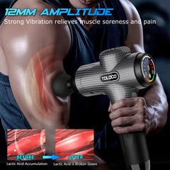 TOLOCO Massage Gun LED display shows speed, battery, and pressure.