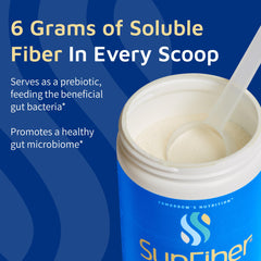 Tomorrow's Nutrition Sunfiber powder scoop measures 6 g of soluble fiber per serving.